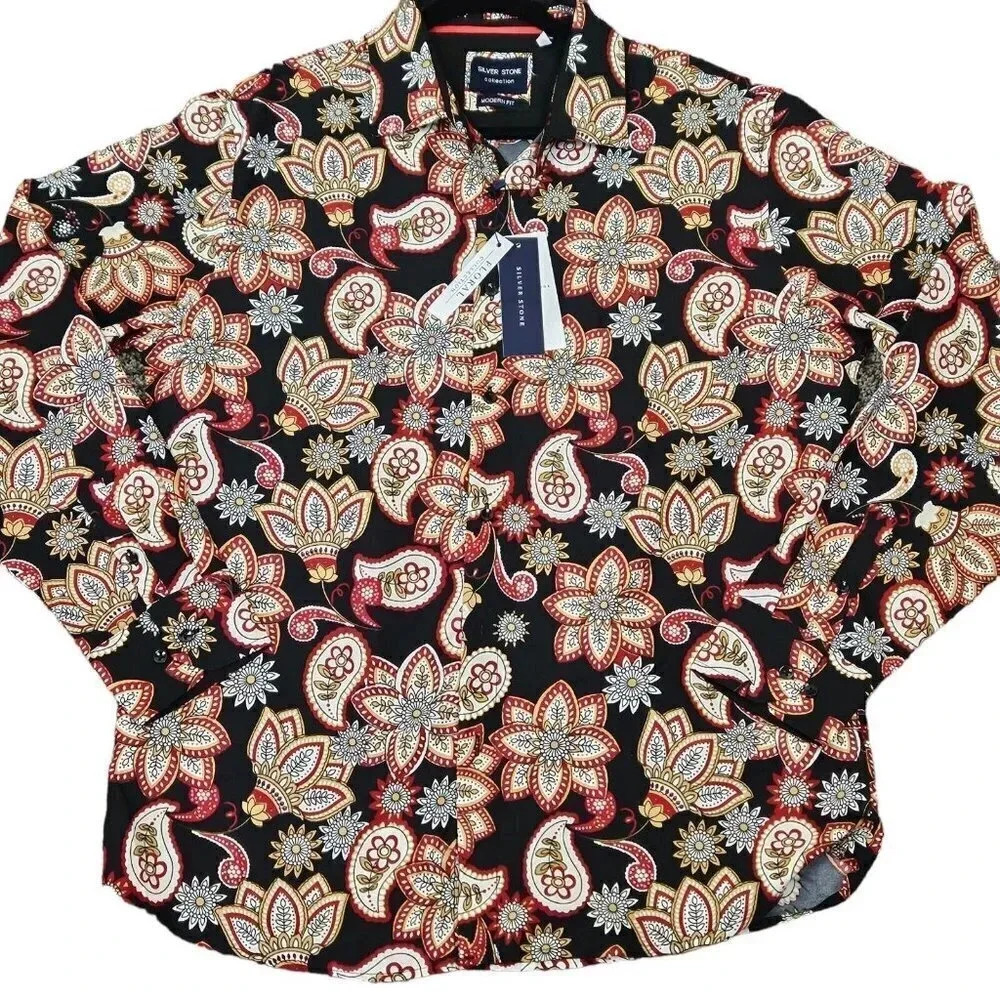 Silver Stone Floral Collection Men's Modern Fit‎ Button Down Shirt Size X Large